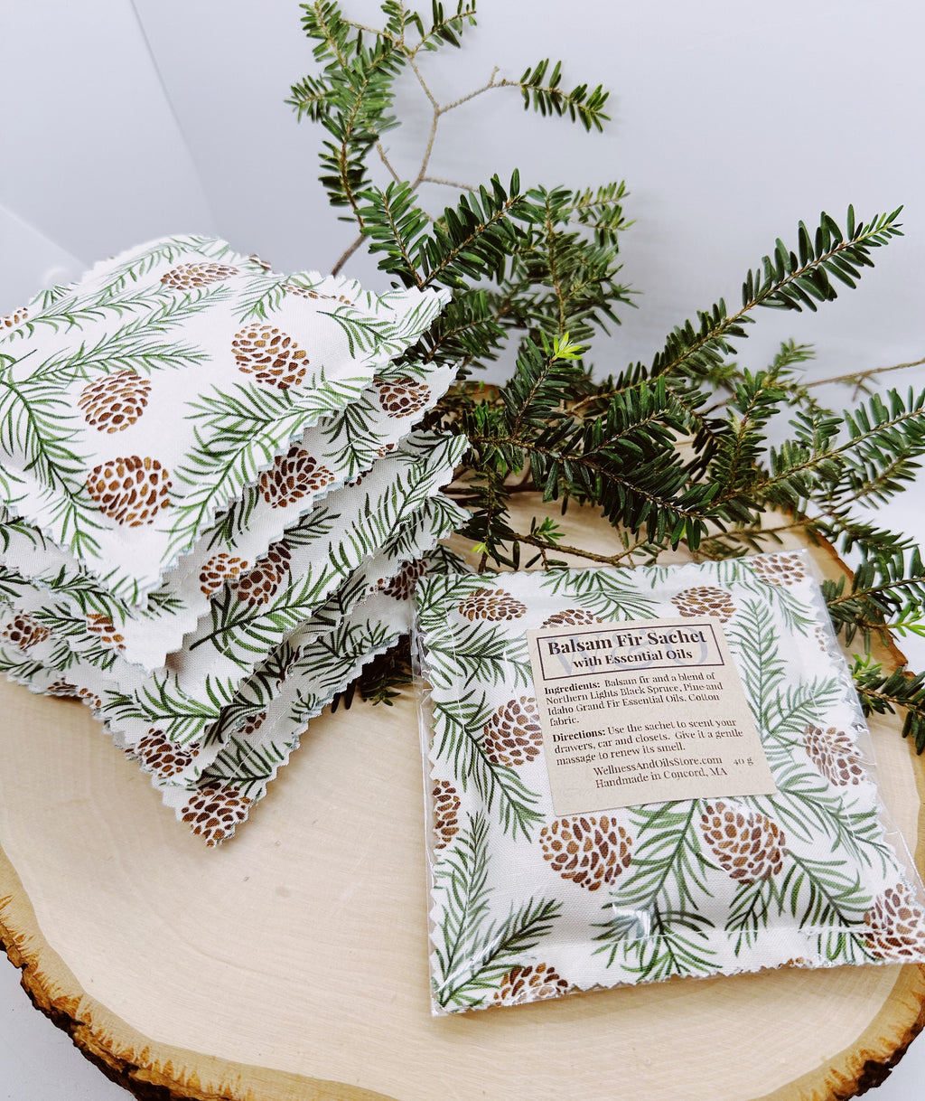 Balsam Fir Sachet with Essential Oils handmade Natural Freshener, Pinecone Pillow, 4x4