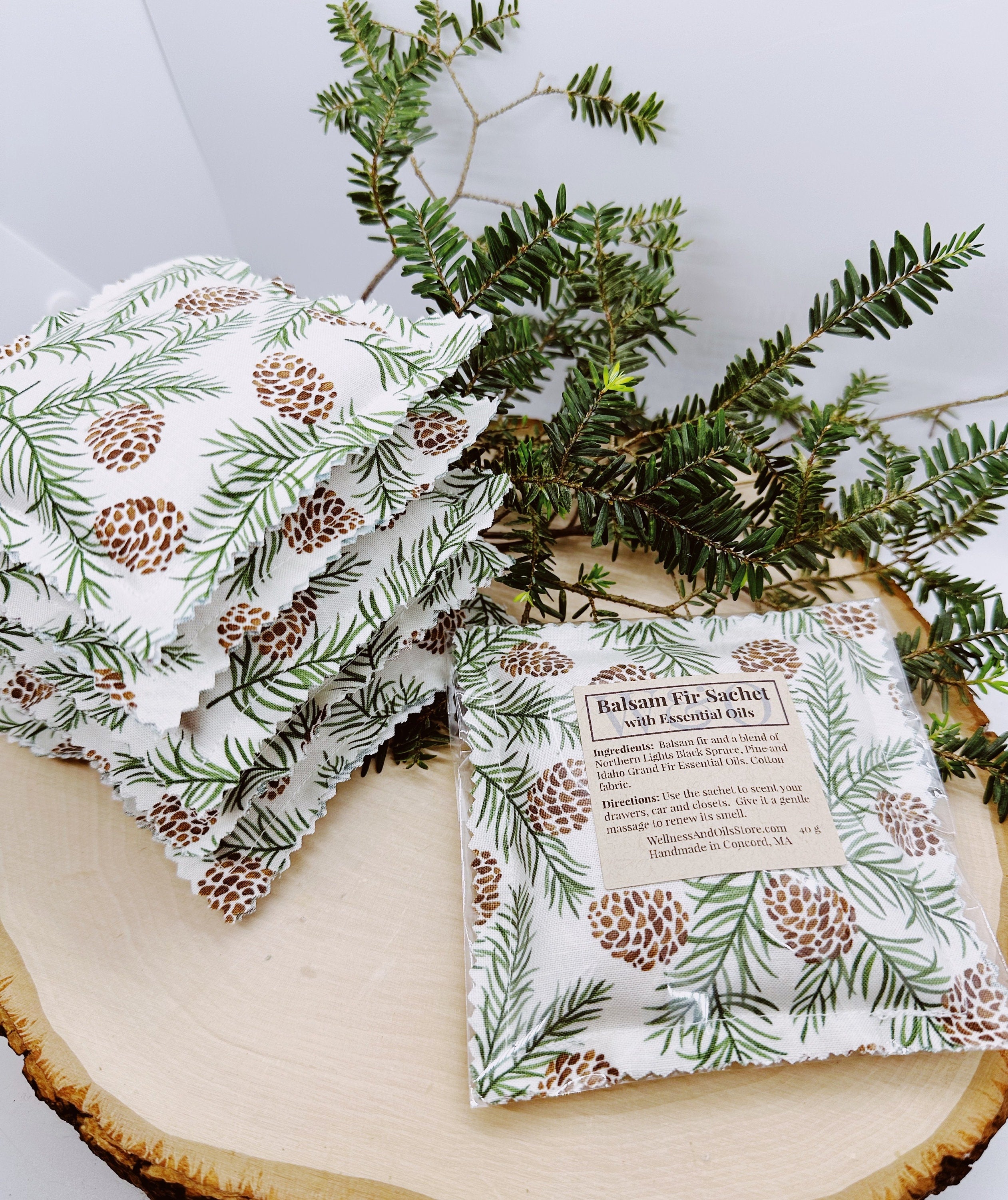 Balsam Fir Sachet with Essential Oils handmade Natural Freshener, Pinecone Pillow, 4x4