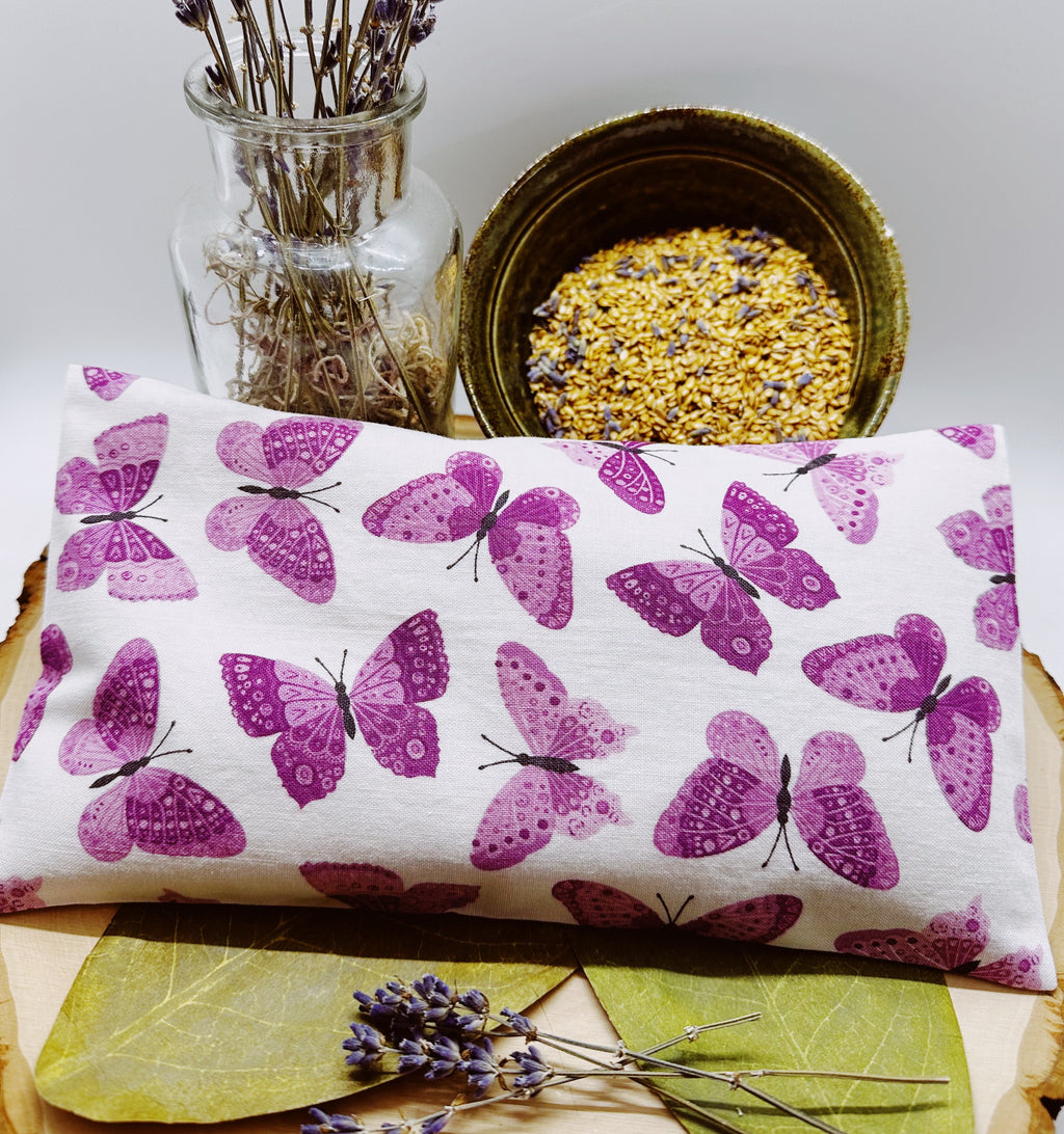Handmade Natural Weighted Lavender Eye Pillow for Yoga, Headache Relief, Washable Cover, Pink Butterflies