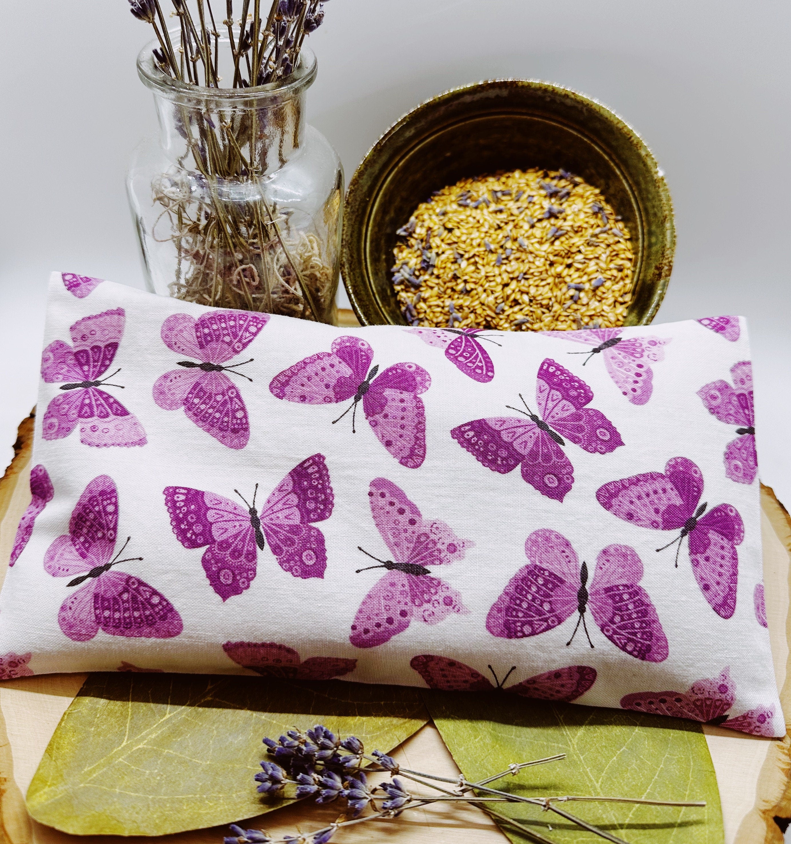 Handmade Natural Weighted Lavender Eye Pillow for Yoga, Headache Relief, Washable Cover, Pink Butterflies