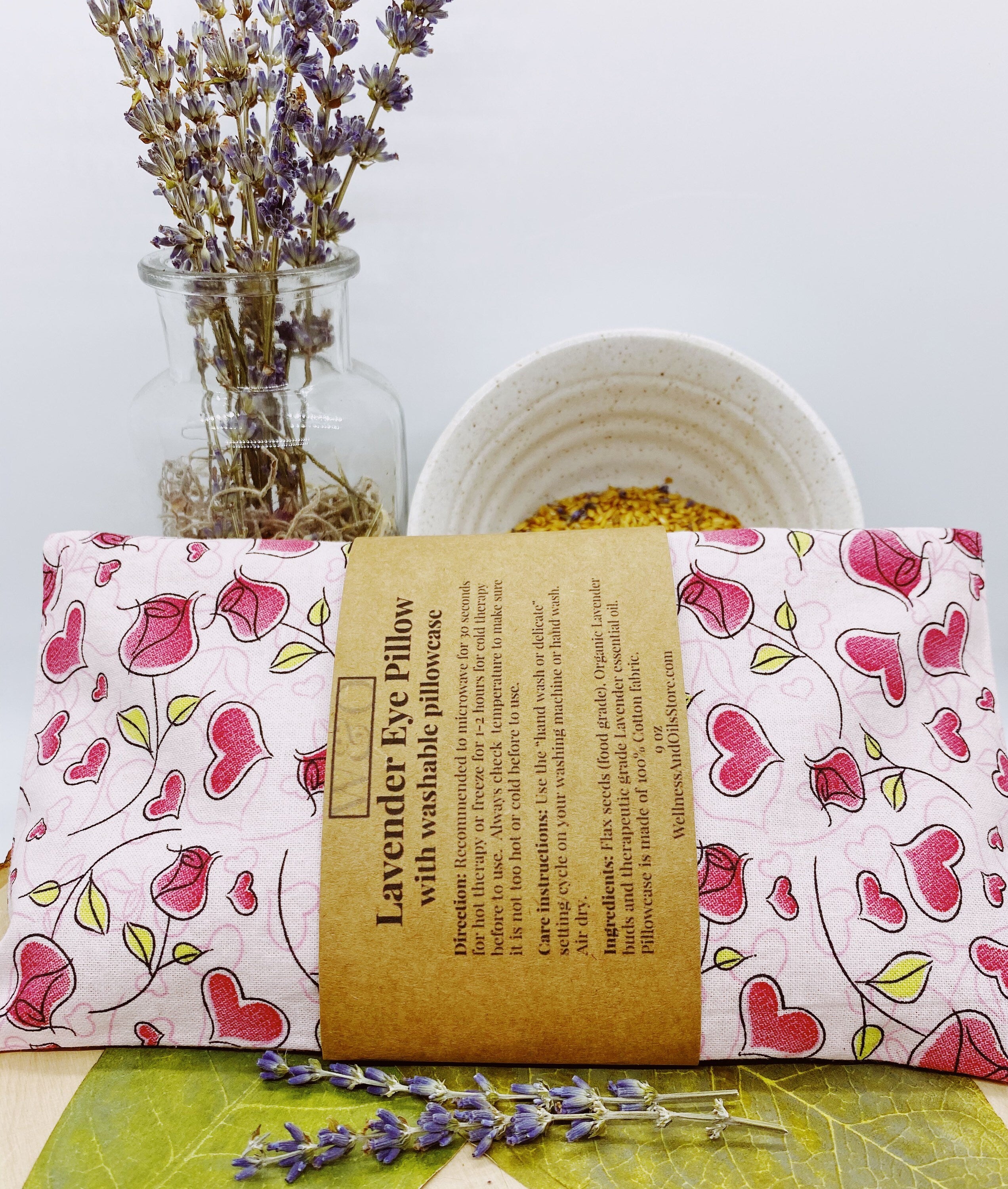 Handmade Lavender Eye Pillow: Rose Heart Print, Washable Cover