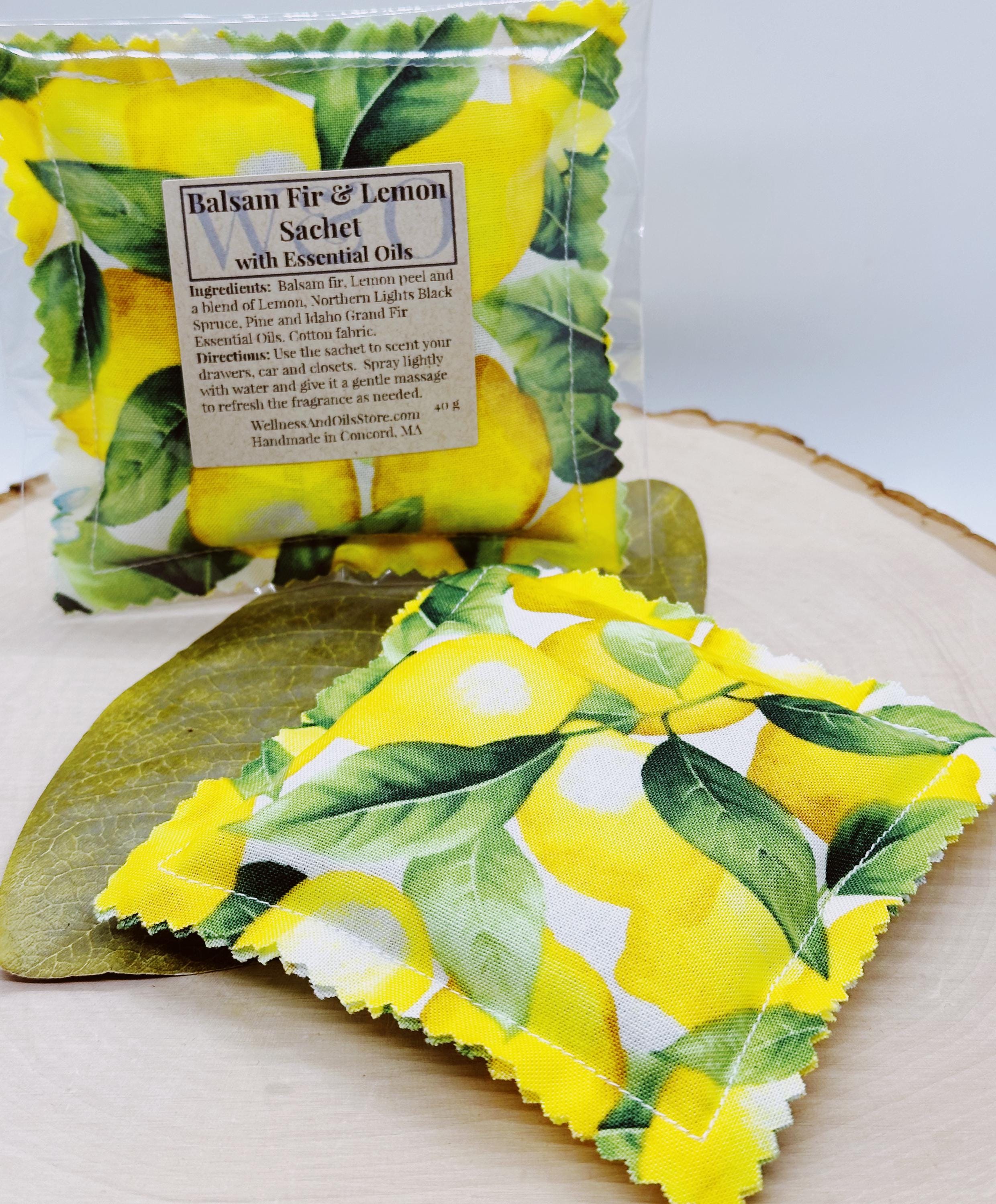 Handmade Balsam Fir and Lemon Essential Oil Sachet Pillow with lemons 4x4 inches