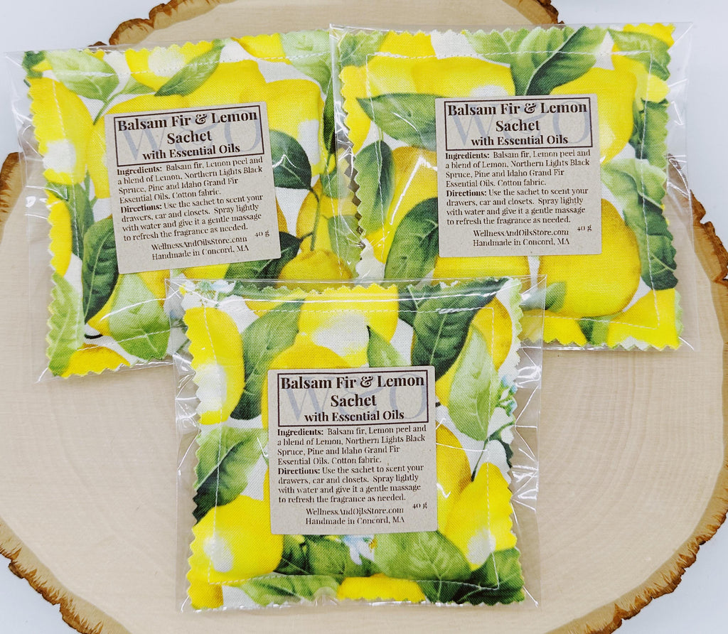 Handmade Balsam Fir and Lemon Essential Oil Sachet Pillow with lemons 4x4 inches