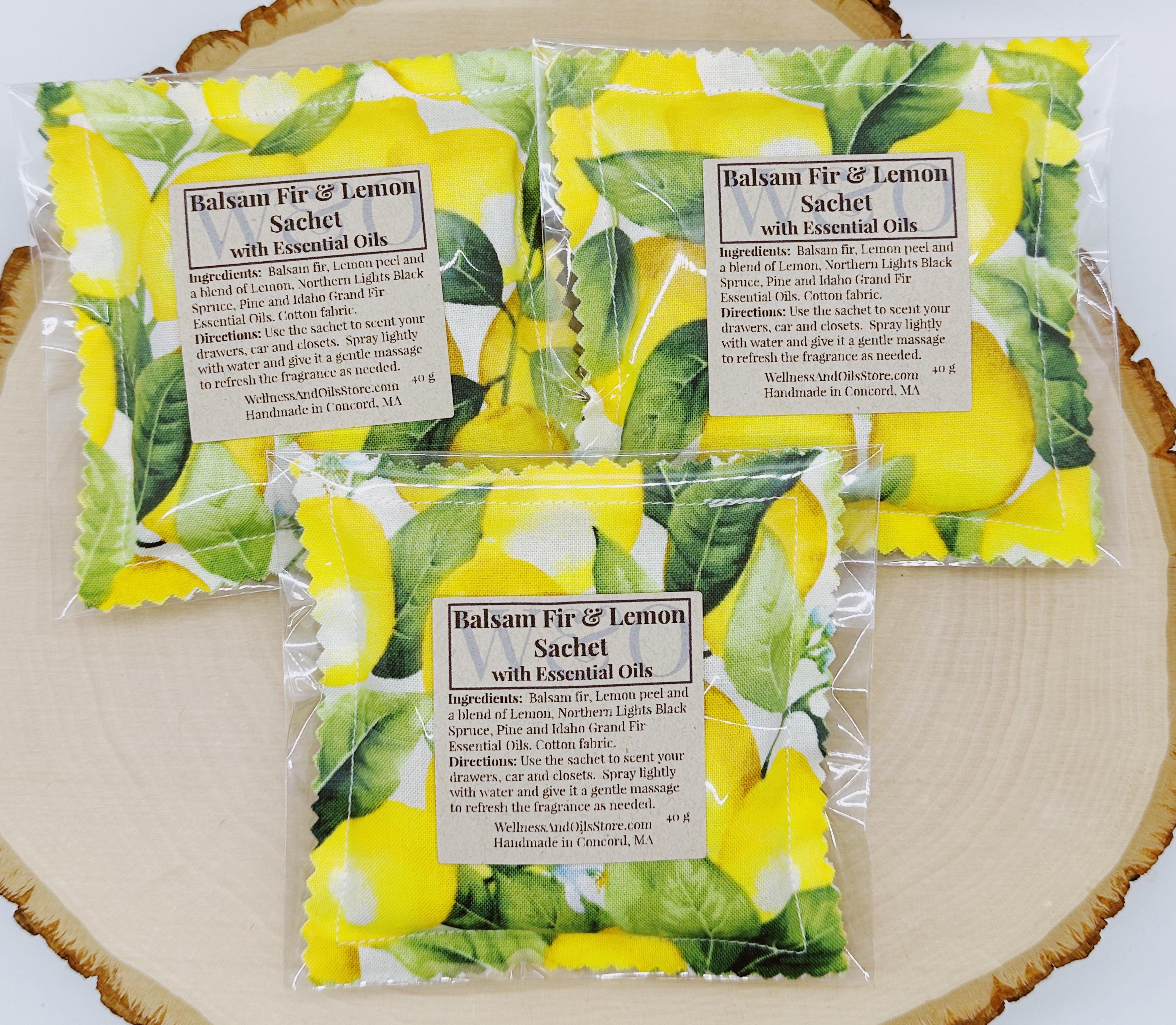 Handmade Balsam Fir and Lemon Essential Oil Sachet Pillow with lemons 4x4 inches