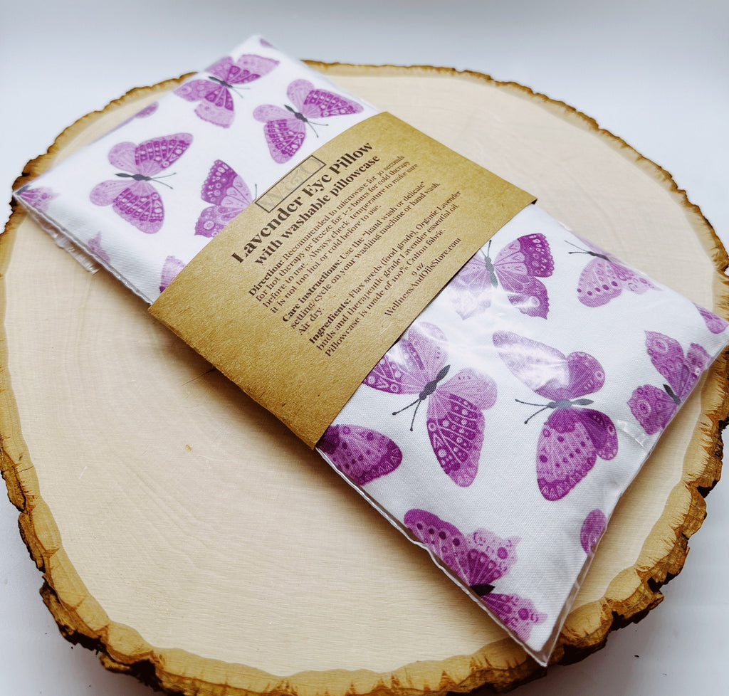 Handmade Natural Weighted Lavender Eye Pillow for Yoga, Headache Relief, Washable Cover, Pink Butterflies
