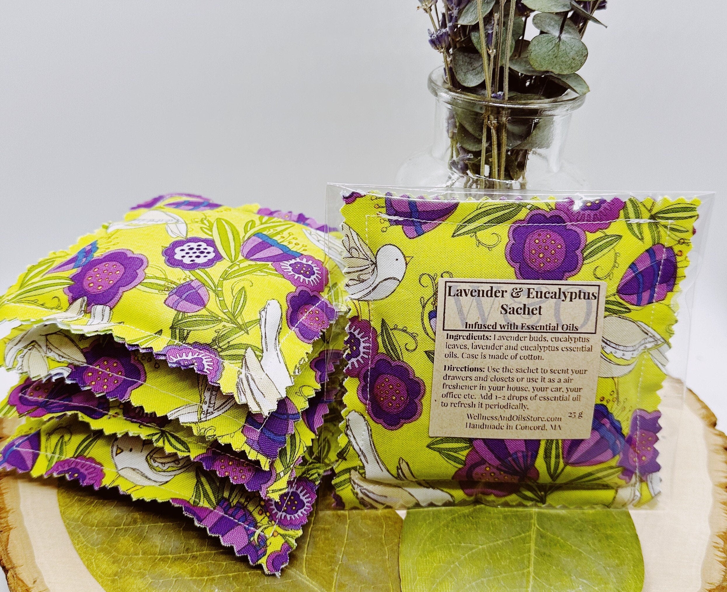 Handmade Lavender Eucalyptus Sachet infused with Essential Oils  - Pansy Posies Green