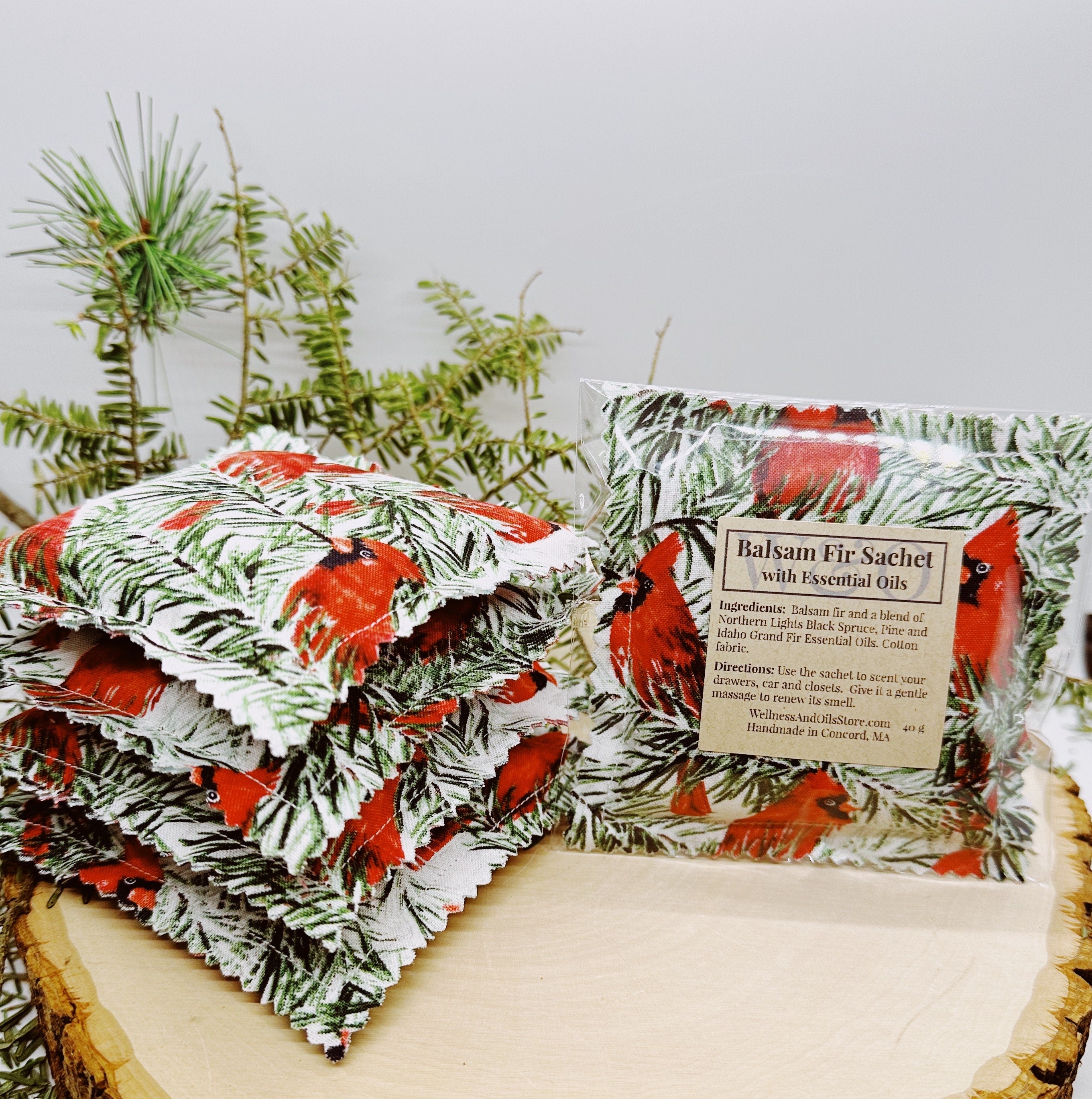 Balsam Fir Sachet: Essential Oils, Cardinals Fabric, Natural Aroma