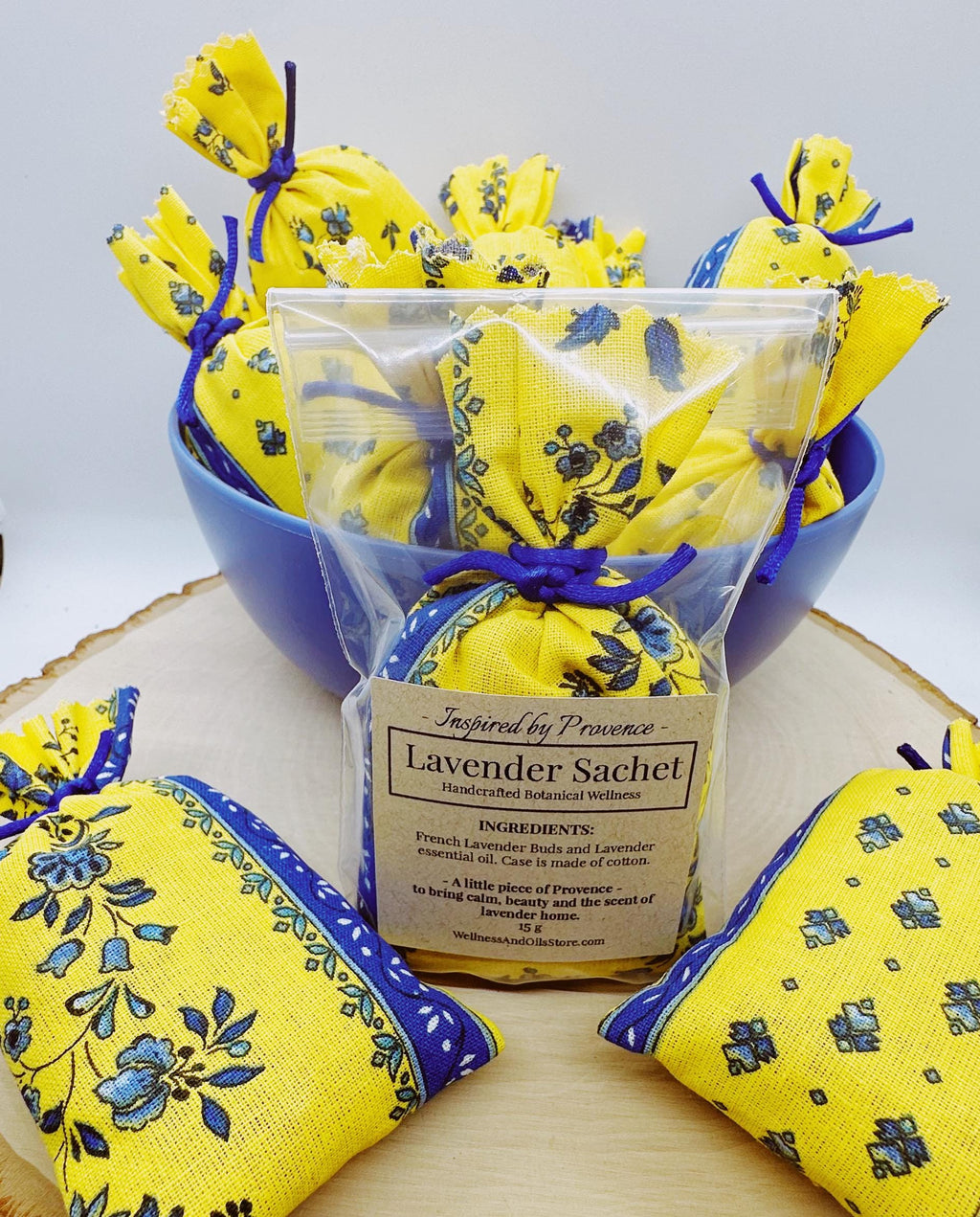 Handmade Provençal Lavender Sachet, French Cotton Drawer Freshener, Flowers Stripped Yellow