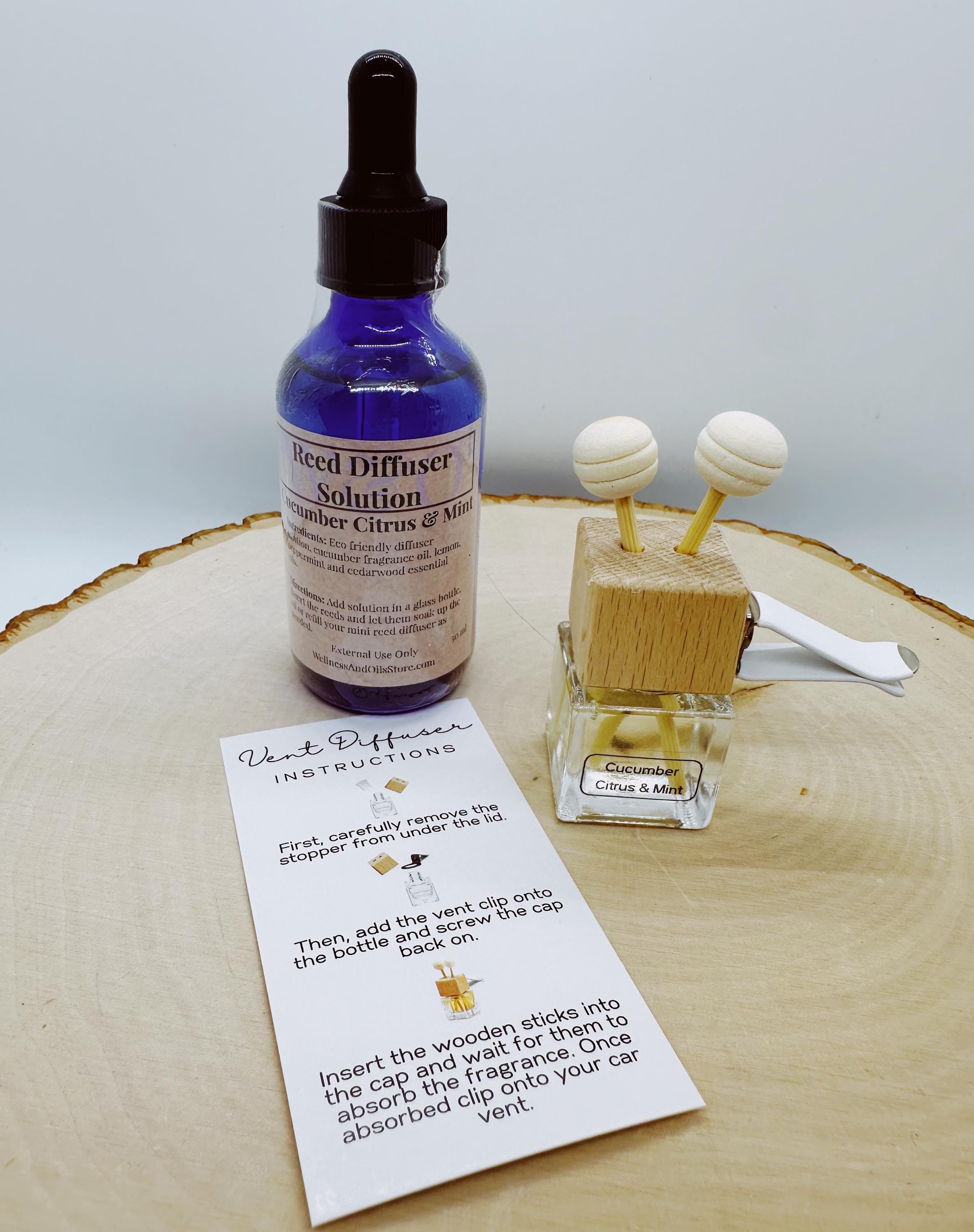 Car Reed Diffuser: Cucumber Citrus & Mint Essential Oils - Refillable