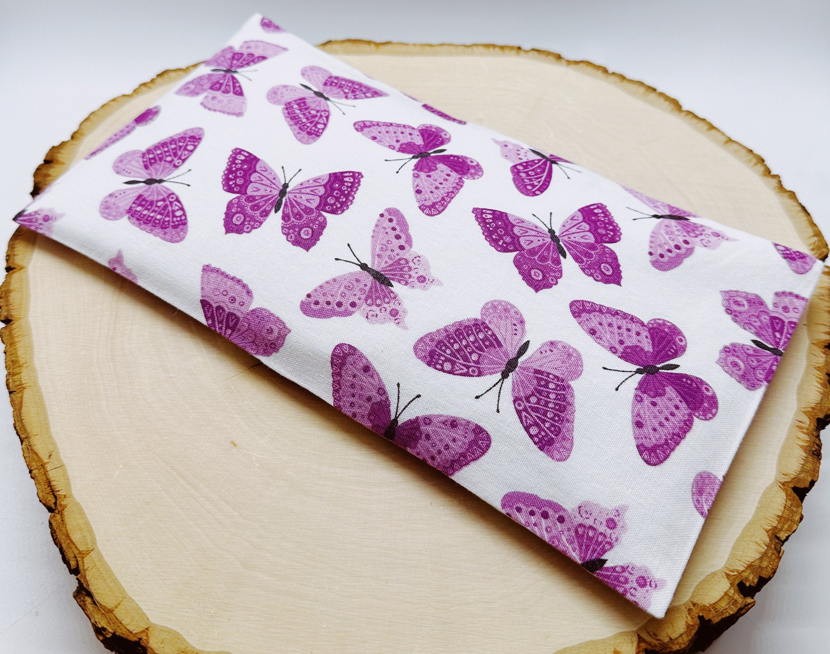 Handmade Natural Weighted Lavender Eye Pillow for Yoga, Headache Relief, Washable Cover, Pink Butterflies