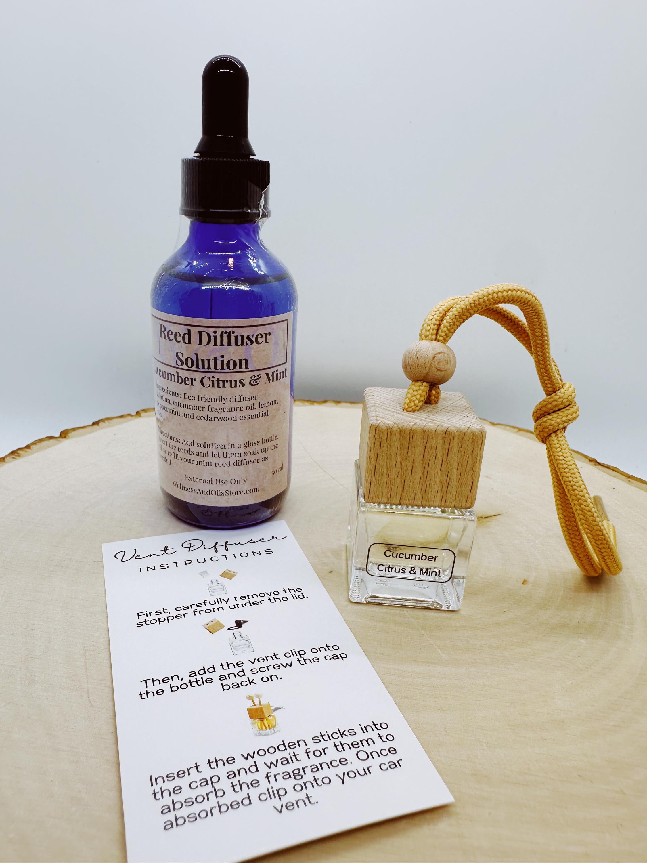 Car Reed Diffuser: Cucumber Citrus & Mint Essential Oils - Refillable
