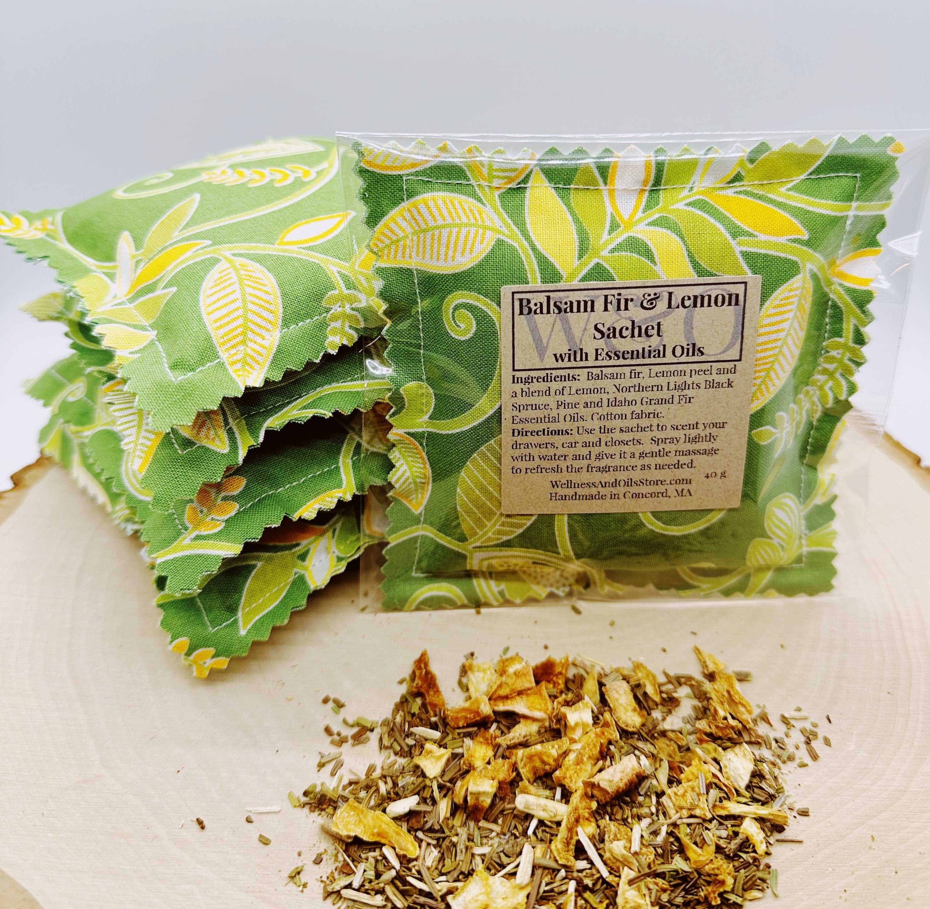 Handmade Balsam Fir and Lemon Essential Oil Sachet Pillow with Yellow Leaves 4x4 inches