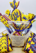 Handmade Provençal Lavender Sachet, French Cotton Drawer Freshener, Flowers Pink Blue on Yellow