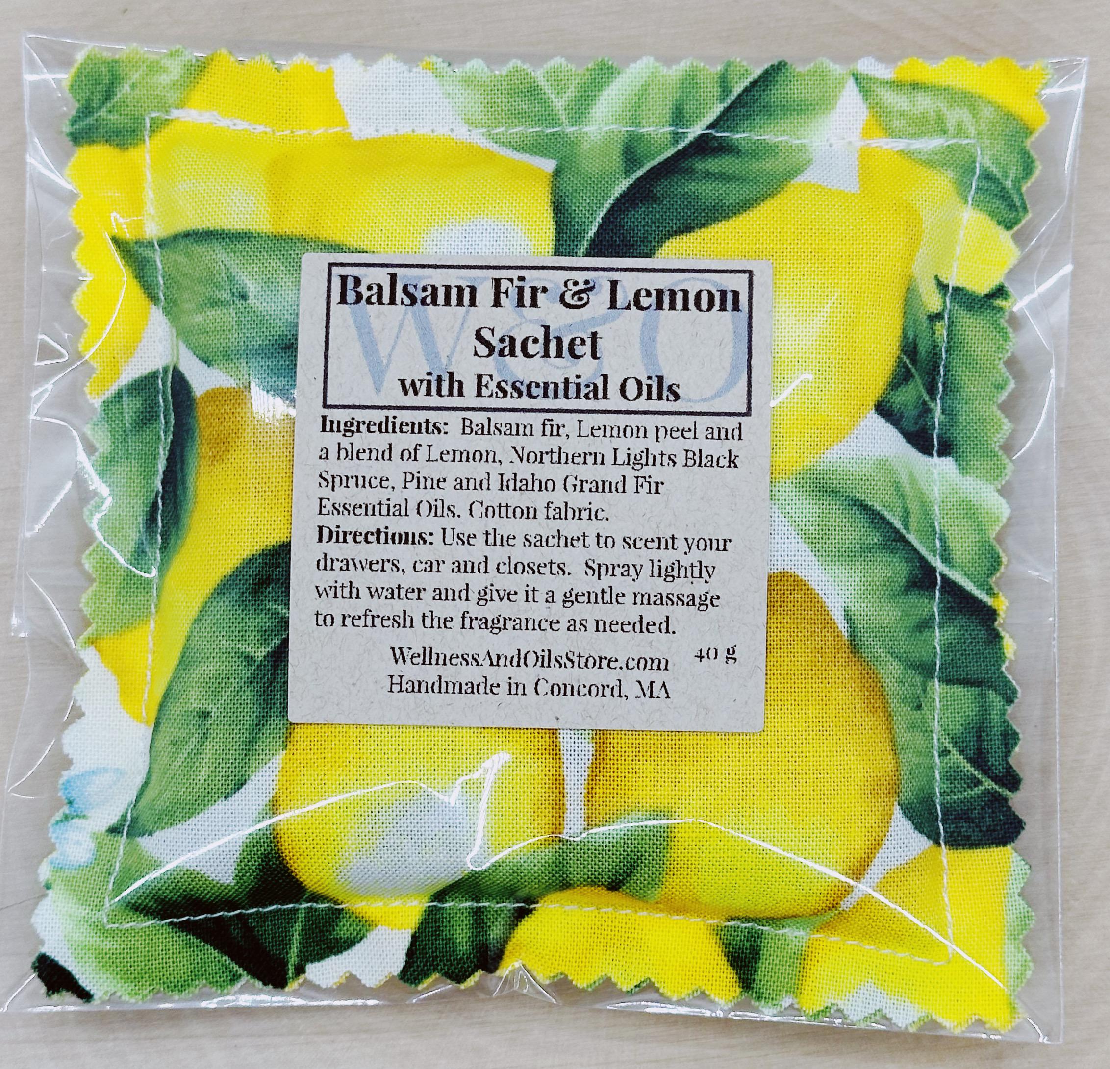 Handmade Balsam Fir and Lemon Essential Oil Sachet Pillow with lemons 4x4 inches