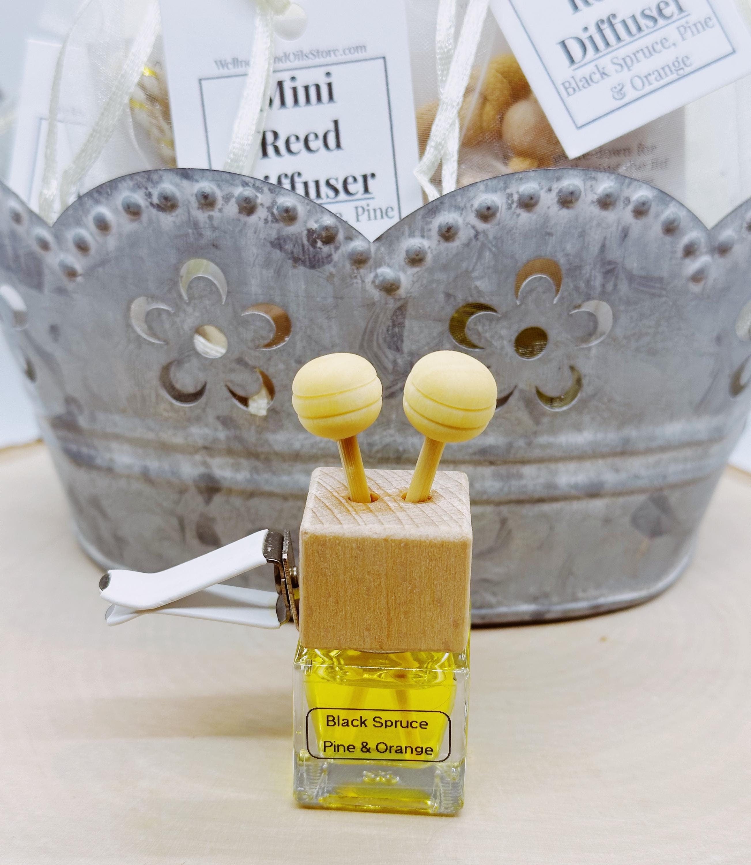 Car Reed Diffuser: Black Spruce, Pine & Orange Essential Oils - Refillable