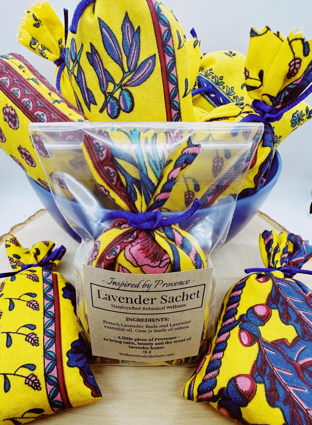 Handmade Provençal Lavender Sachet, French Cotton Drawer Freshener, Flowers Pink Blue on Yellow