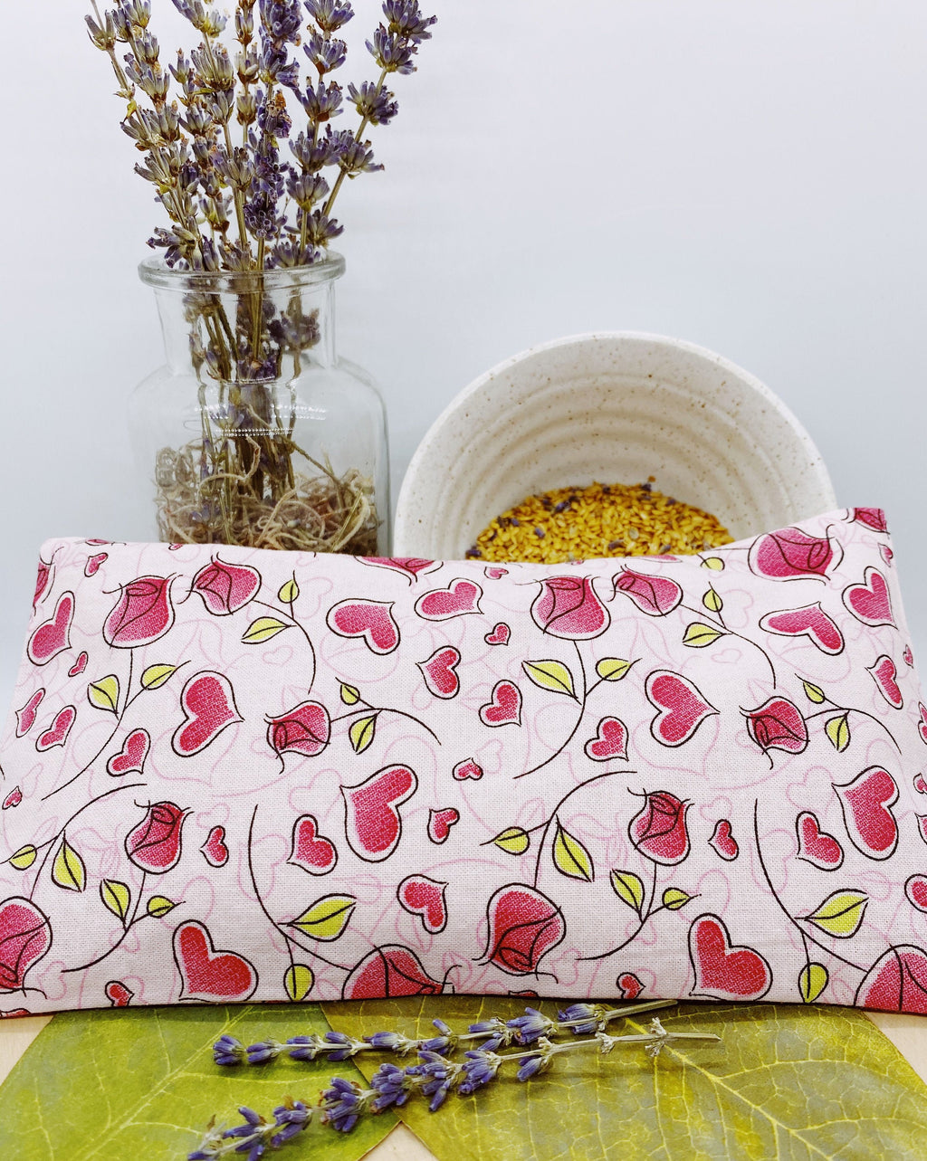 Handmade Lavender Eye Pillow: Rose Heart Print, Washable Cover