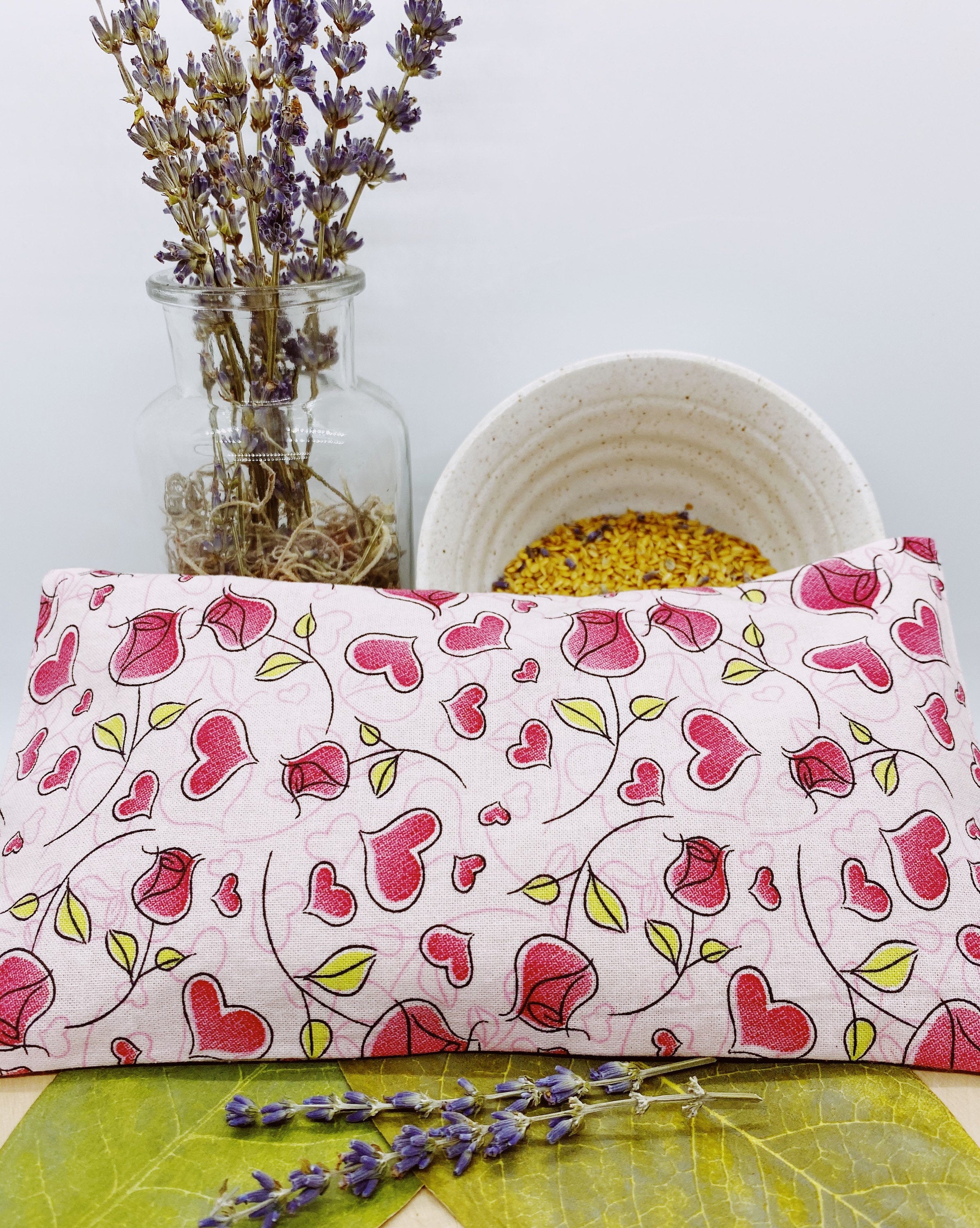 Handmade Lavender Eye Pillow: Rose Heart Print, Washable Cover