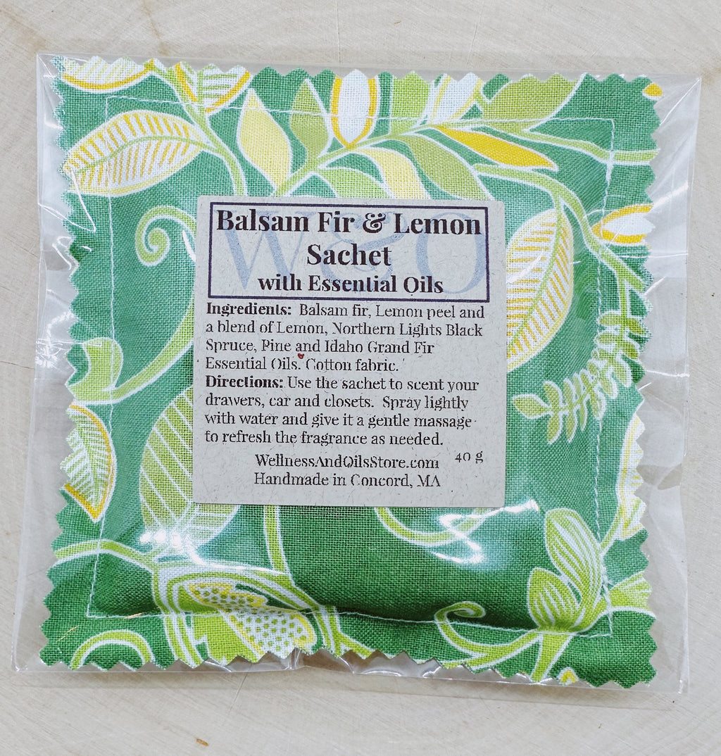 Handmade Balsam Fir and Lemon Essential Oil Sachet Pillow with Yellow Leaves 4x4 inches