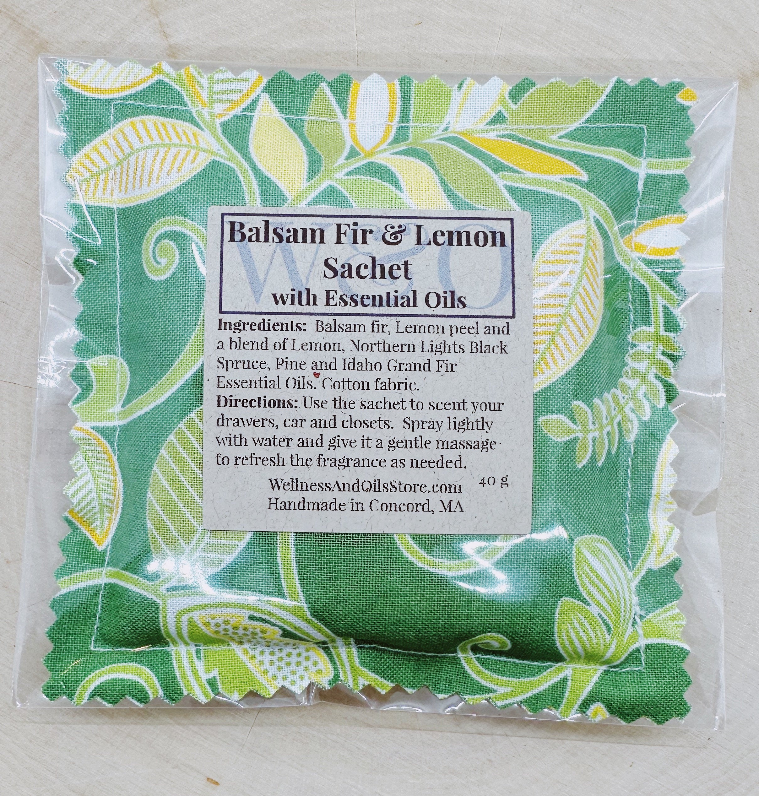 Handmade Balsam Fir and Lemon Essential Oil Sachet Pillow with Yellow Leaves 4x4 inches