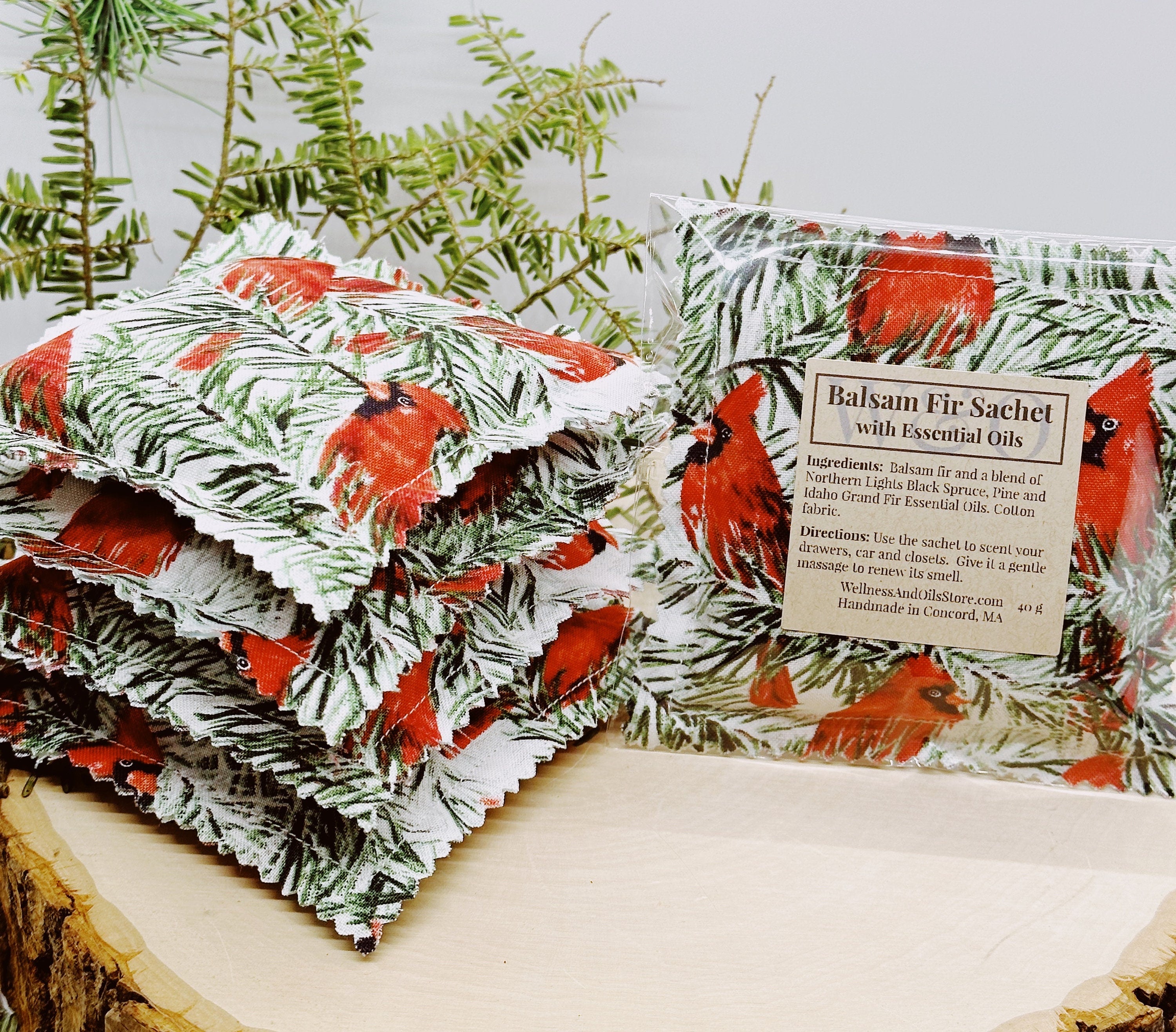Balsam Fir Sachet: Essential Oils, Cardinals Fabric, Natural Aroma