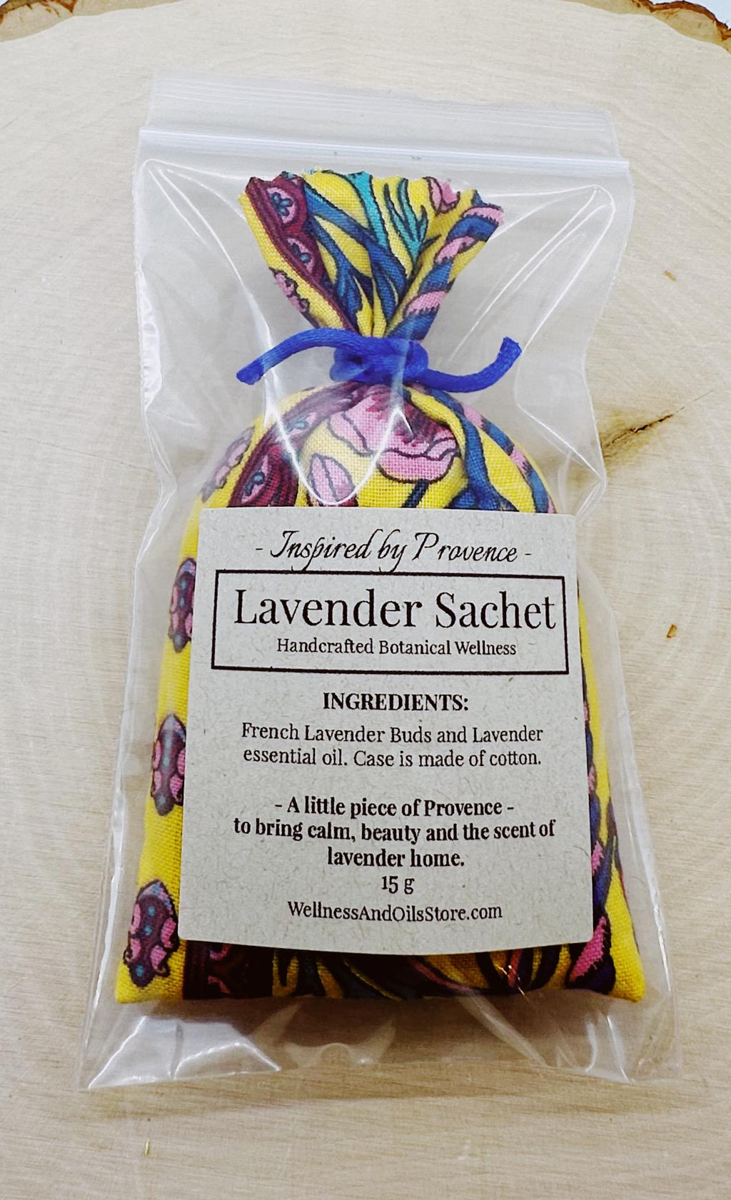 Handmade Provençal Lavender Sachet, French Cotton Drawer Freshener, Flowers Pink Blue on Yellow