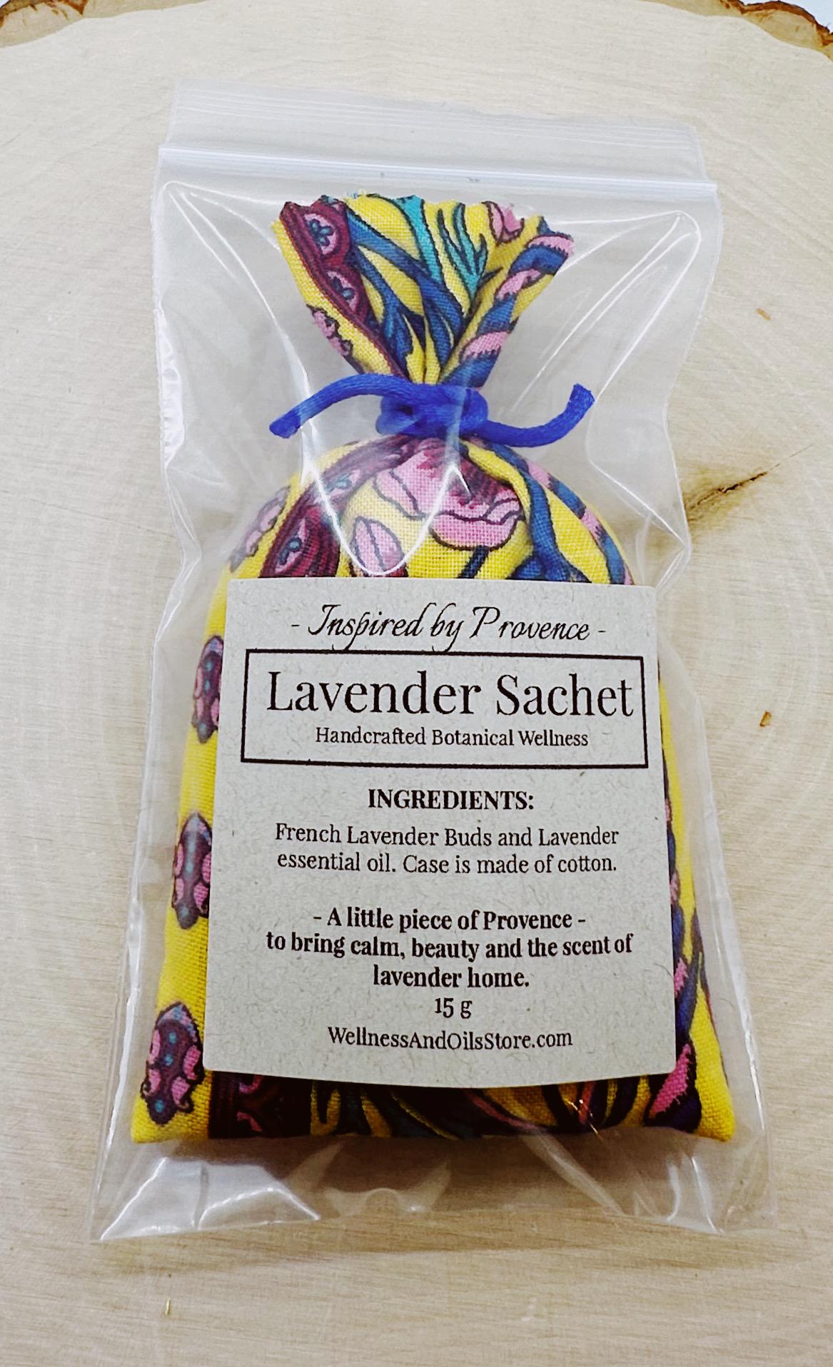 Handmade Provençal Lavender Sachet, French Cotton Drawer Freshener, Flowers Pink Blue on Yellow