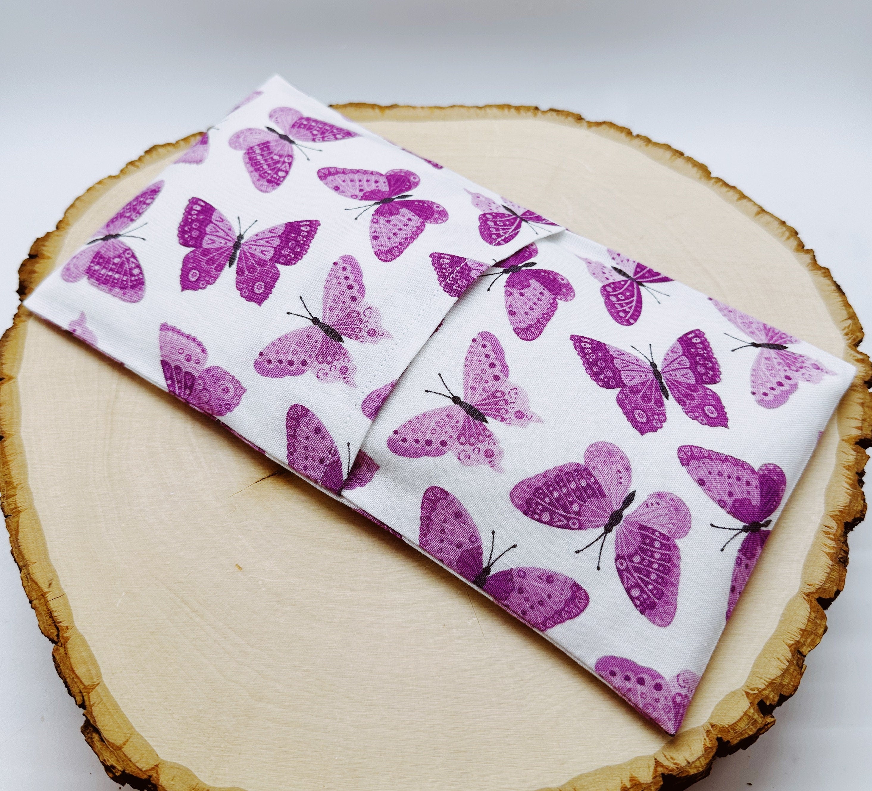 Handmade Natural Weighted Lavender Eye Pillow for Yoga, Headache Relief, Washable Cover, Pink Butterflies