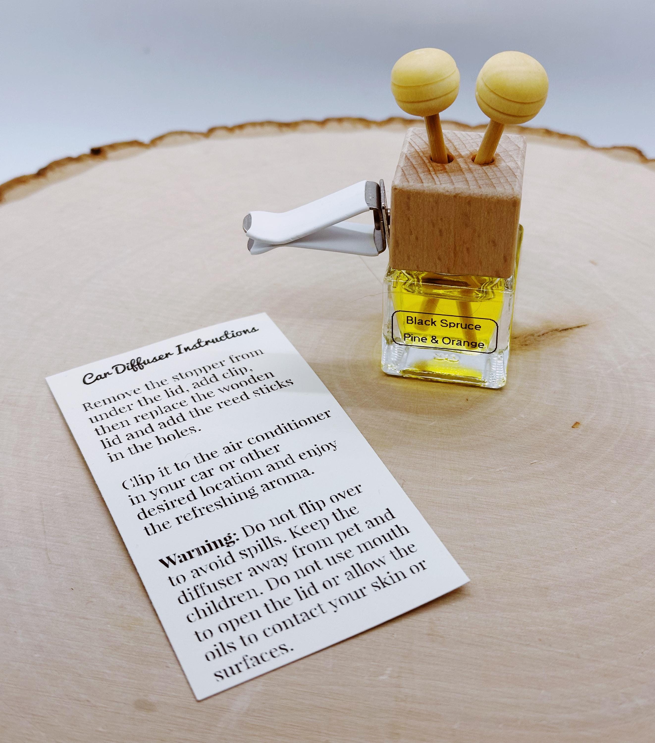 Car Reed Diffuser: Black Spruce, Pine & Orange Essential Oils - Refillable