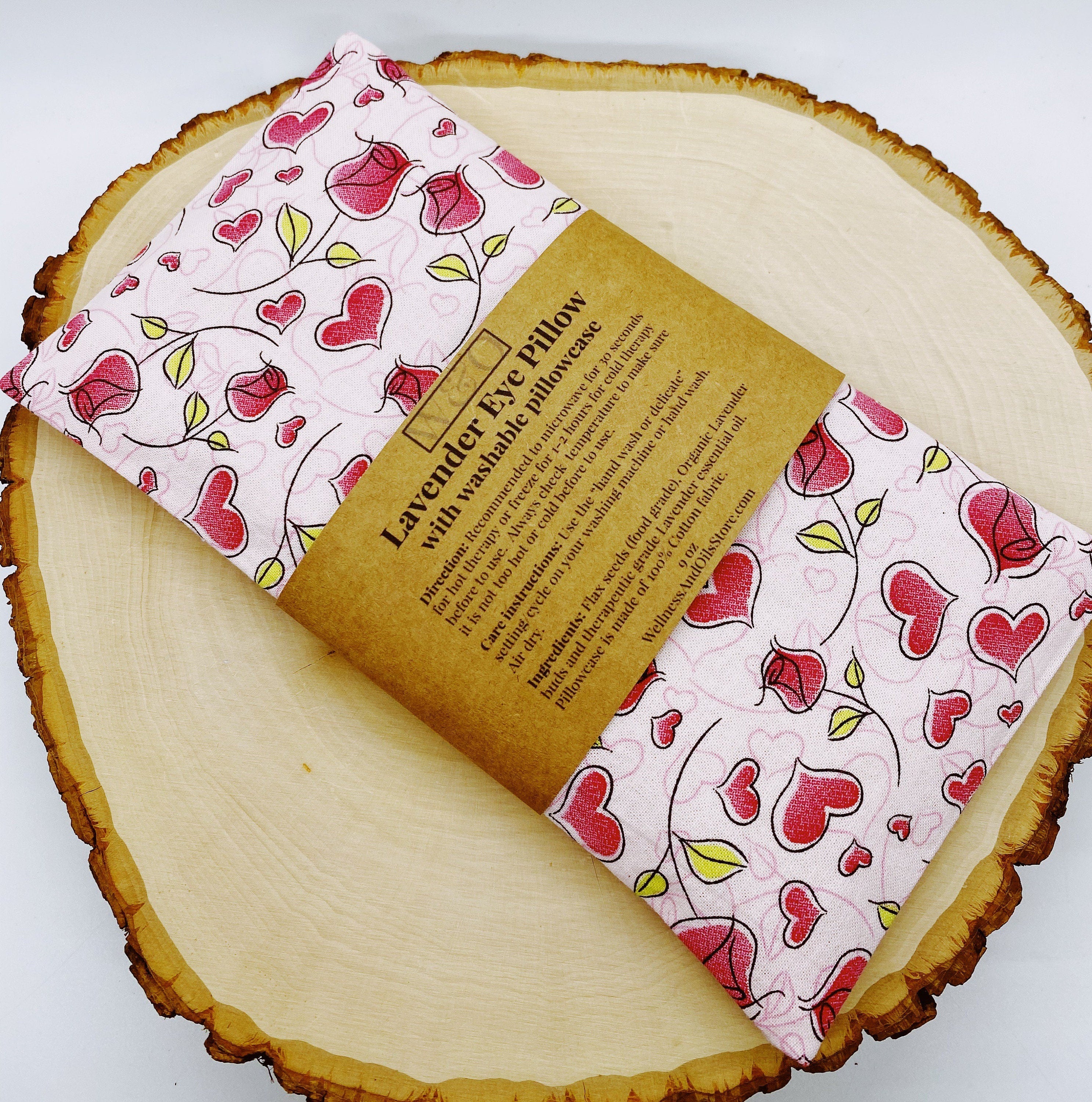 Handmade Lavender Eye Pillow: Rose Heart Print, Washable Cover