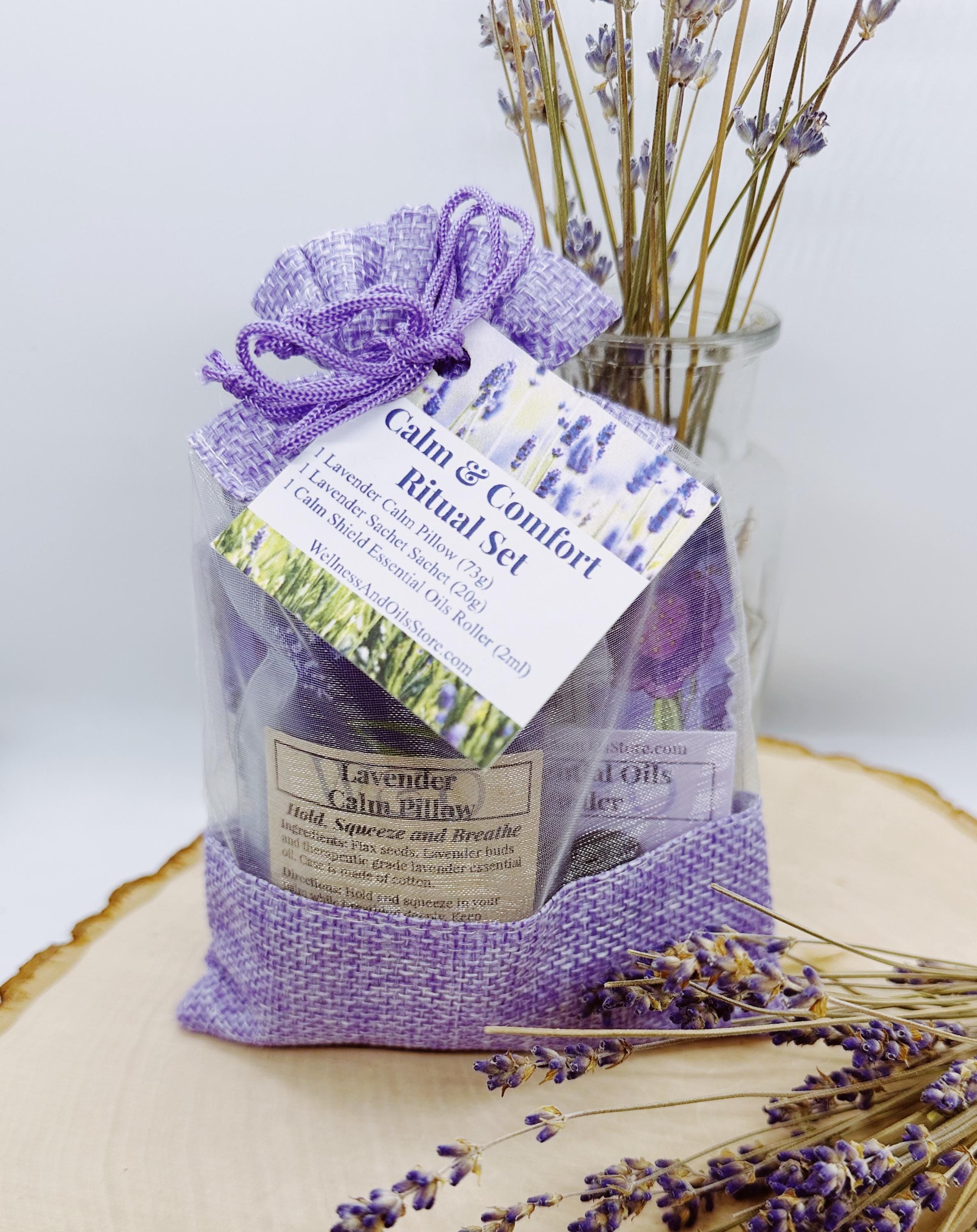 Calm & Comfort Ritual Set, Lavender Gift Set, Self Care Gift for Her, Calm Pillow, Lavender Sachet, Essential Oil Roller