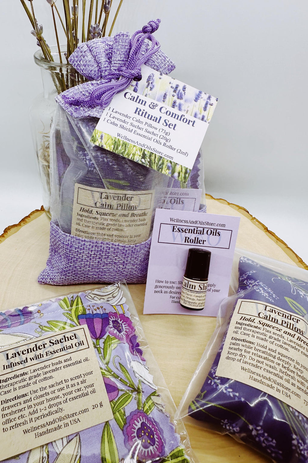 Calm & Comfort Ritual Set, Lavender Gift Set, Self Care Gift for Her, Calm Pillow, Lavender Sachet, Essential Oil Roller