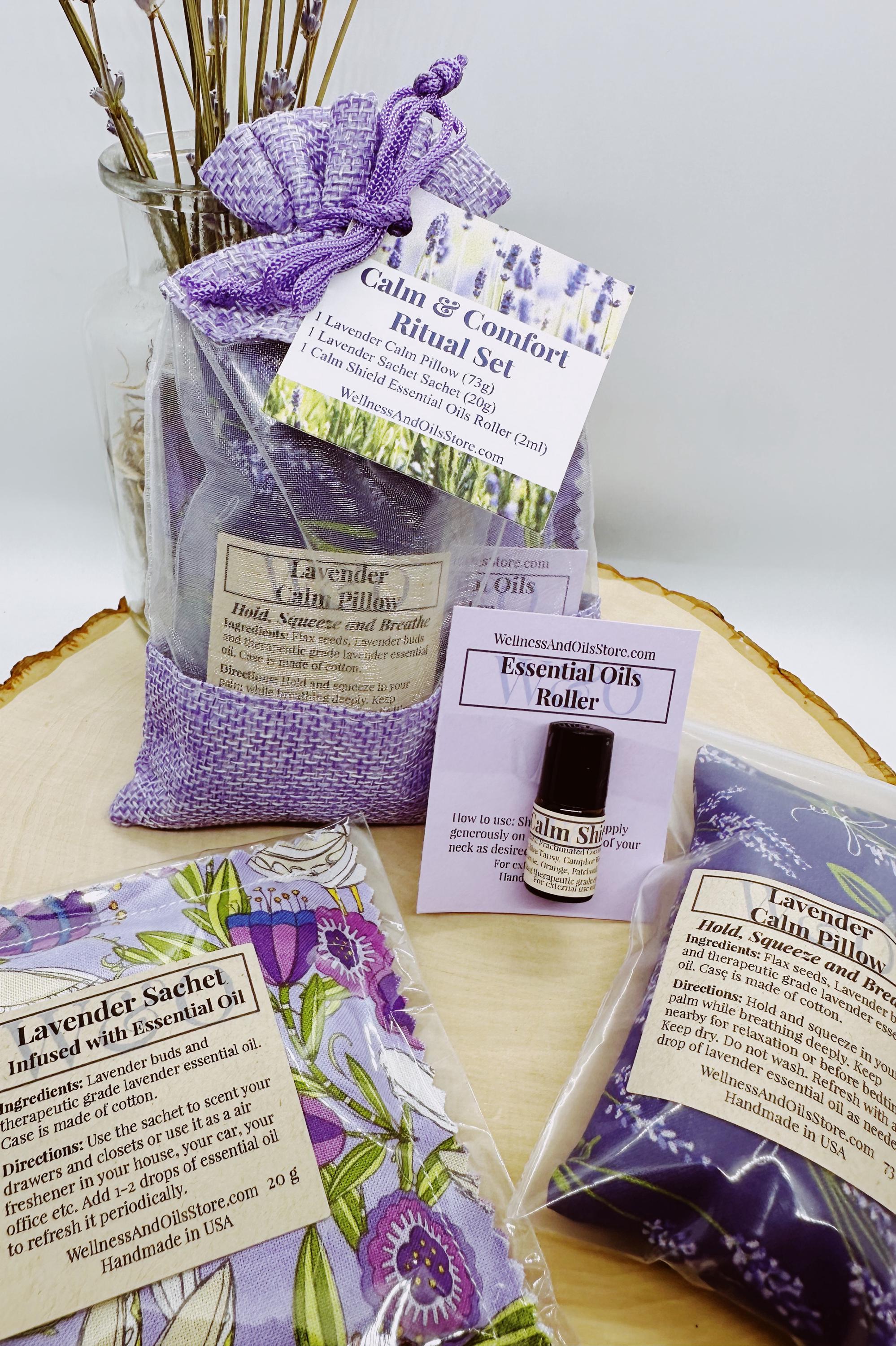 Calm & Comfort Ritual Set, Lavender Gift Set, Self Care Gift for Her, Calm Pillow, Lavender Sachet, Essential Oil Roller