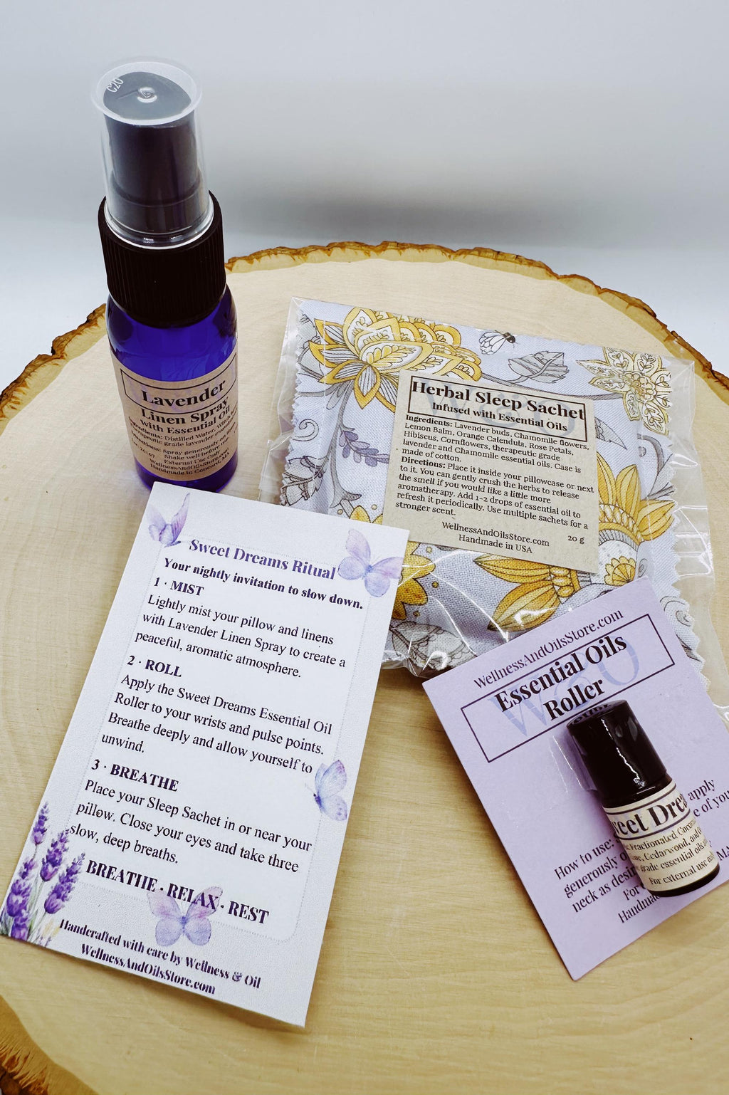 Sweet Dreams Lavender Sleep Gift Set – Bedtime Ritual, Linen Spray, Essential Oil Roller & Sleep Sachet, Self Care Gift for Her