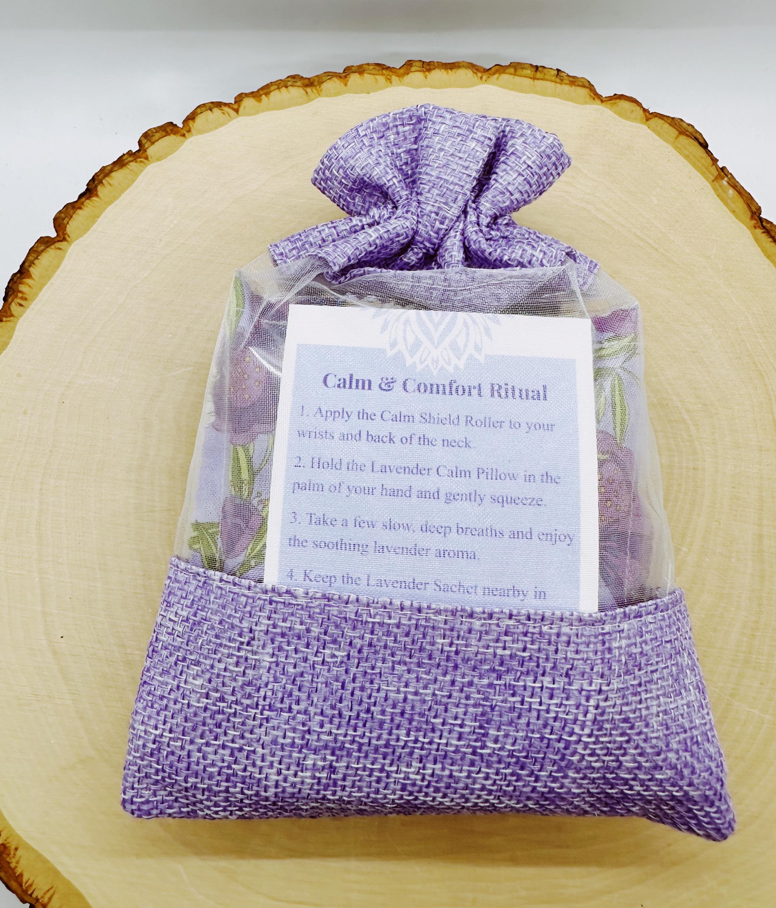 Calm & Comfort Ritual Set, Lavender Gift Set, Self Care Gift for Her, Calm Pillow, Lavender Sachet, Essential Oil Roller