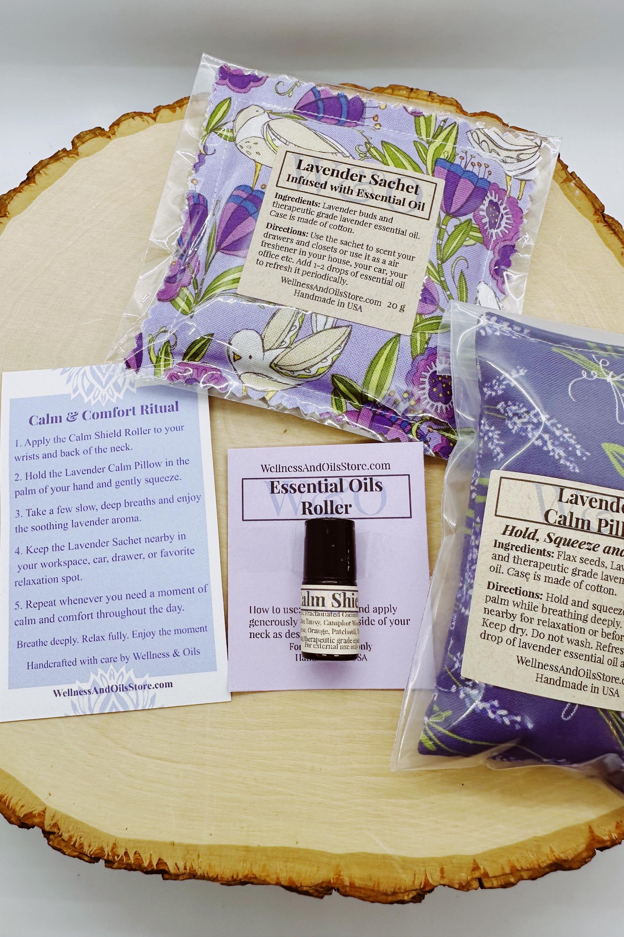 Calm & Comfort Ritual Set, Lavender Gift Set, Self Care Gift for Her, Calm Pillow, Lavender Sachet, Essential Oil Roller